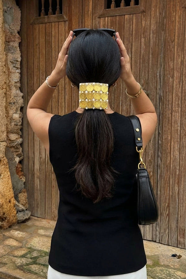 Embellished Coin Ponytail Holder - Gold