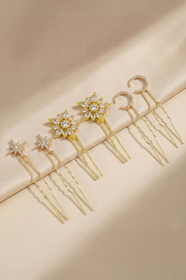 Set of 6 Celestia Crystal Hair Pins - Gold