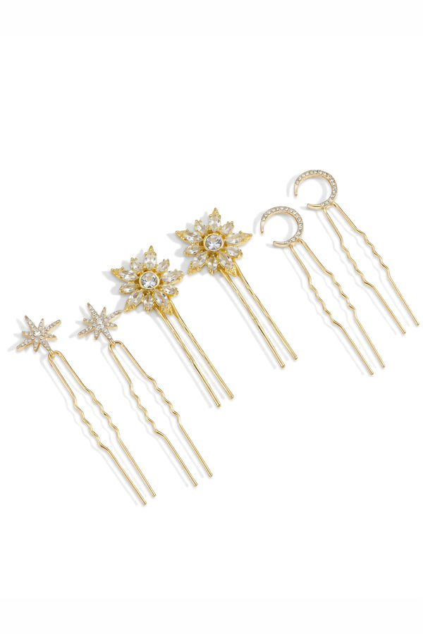 Set of 6 Celestia Crystal Hair Pins - Gold